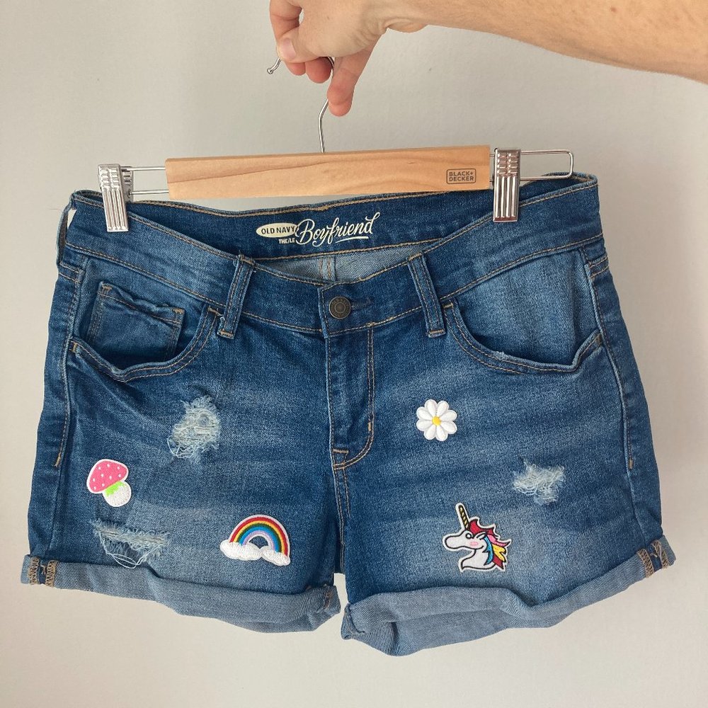 Upcycled Old Navy Boyfriend Denim Shorts with Patches- Size 4